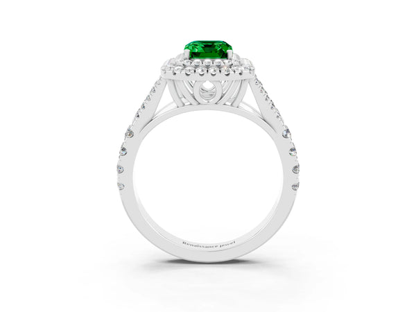 Platinum Double Halo Emerald Cut Emerald Split Shank Engagement Ring with Four-Prong Setting
