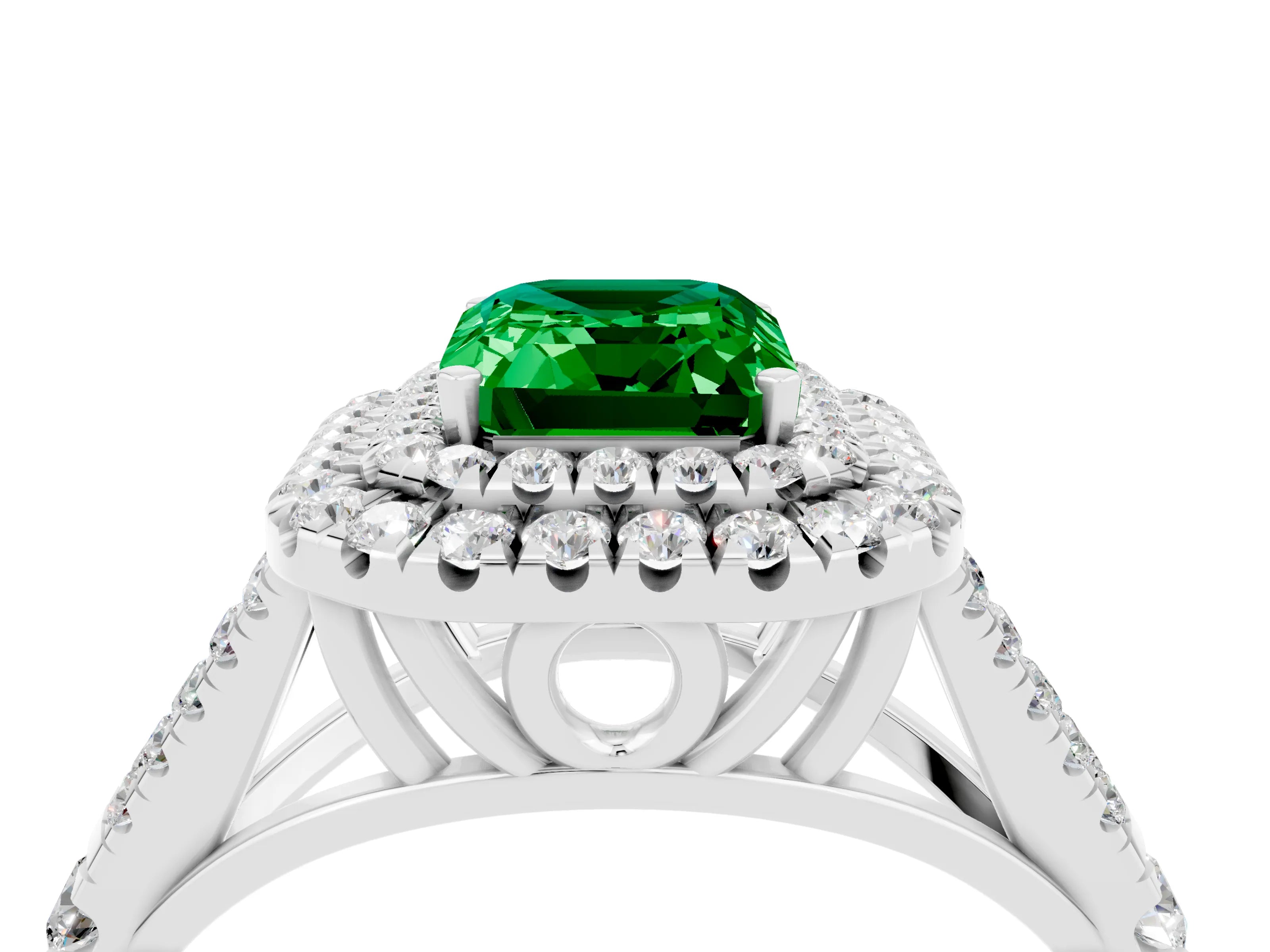 White gold Double Halo Emerald Cut Emerald Split Shank Engagement Ring with Four-Prong Setting_4