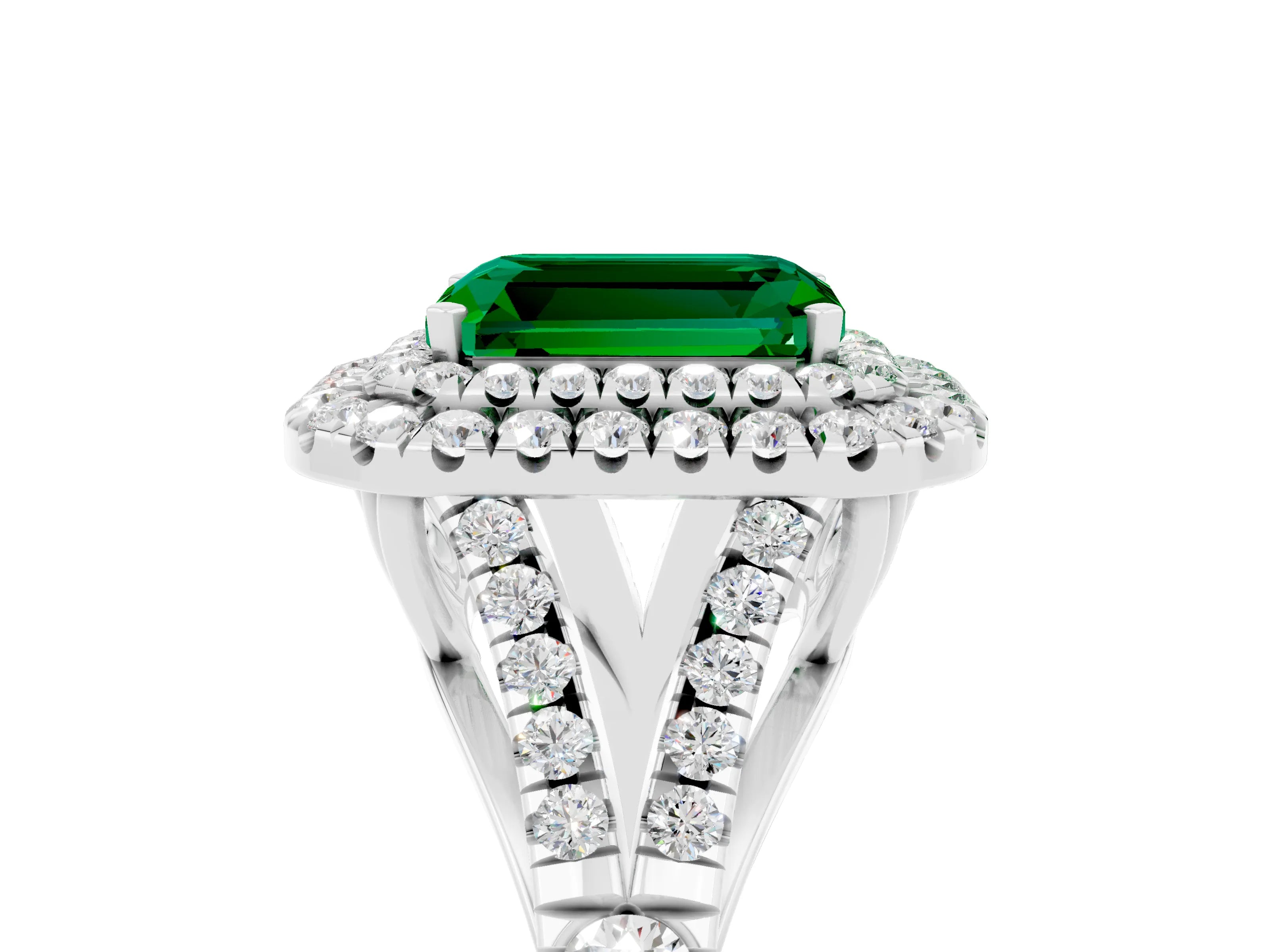 White gold Double Halo Emerald Cut Emerald Split Shank Engagement Ring with Four-Prong Setting_5