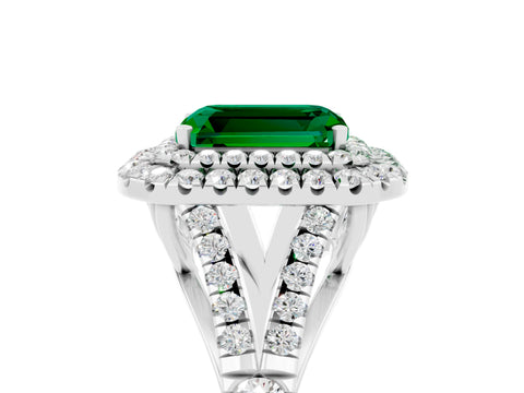 White gold Double Halo Emerald Cut Emerald Split Shank Engagement Ring with Four-Prong Setting_5