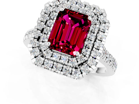 White gold Double Halo Emerald Cut Garnet Pavé Band with Four-Prong Setting_1