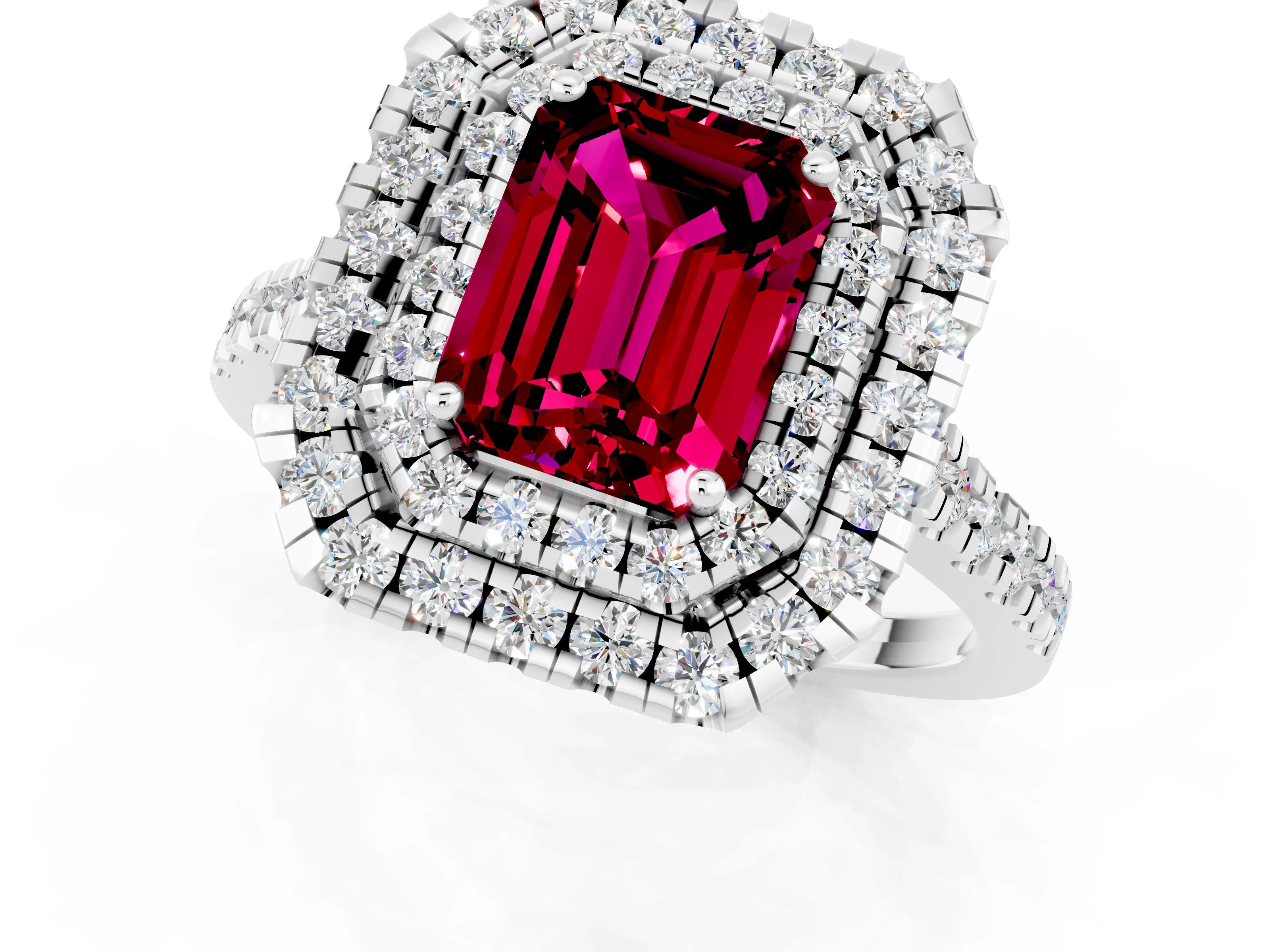 White gold Double Halo Emerald Cut Garnet Pavé Band with Four-Prong Setting_1