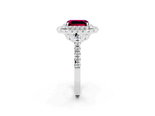 Platinum Double Halo Emerald Cut Garnet Pavé Band with Four-Prong Setting