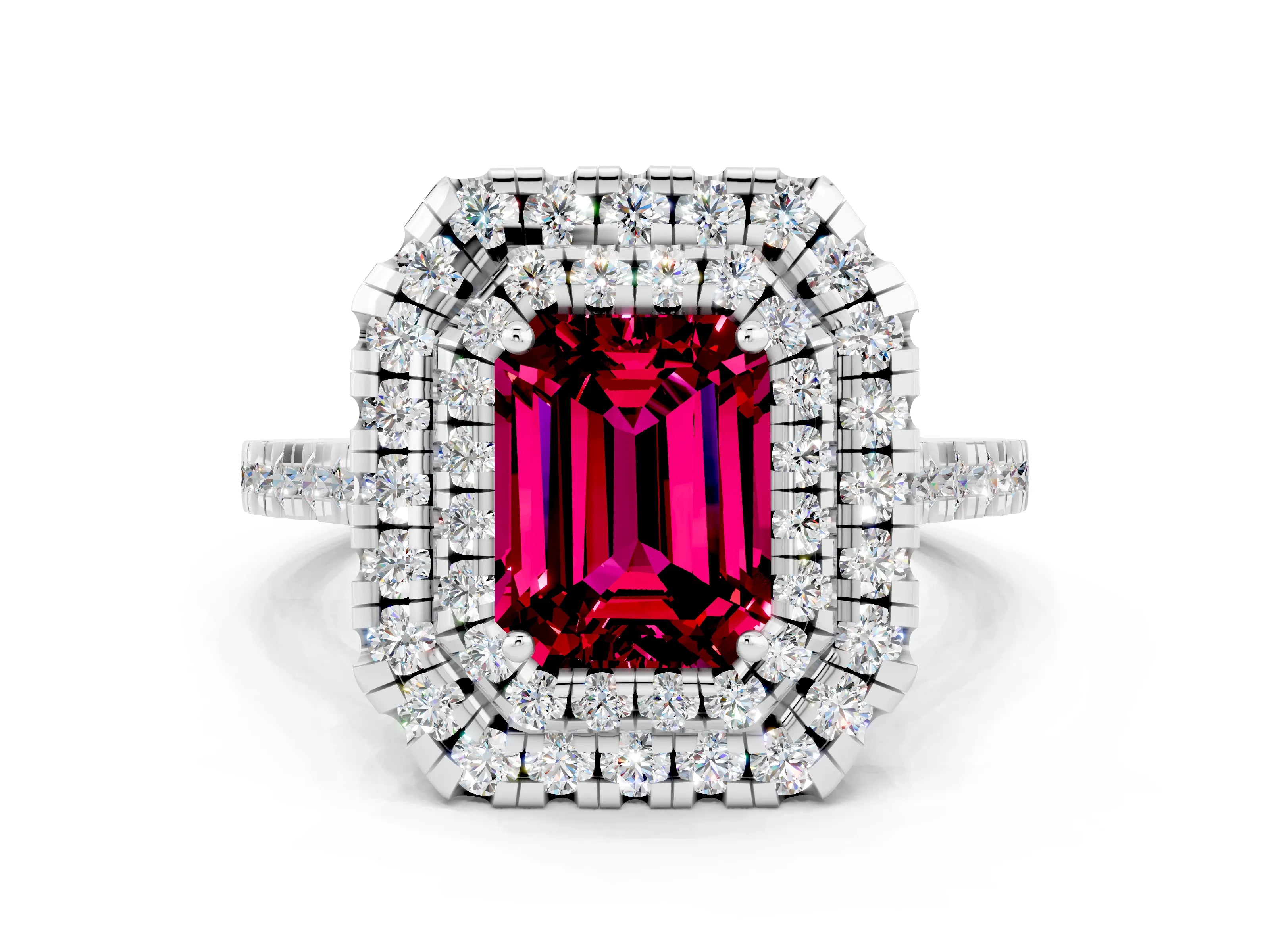 White gold Double Halo Emerald Cut Garnet Pavé Band with Four-Prong Setting