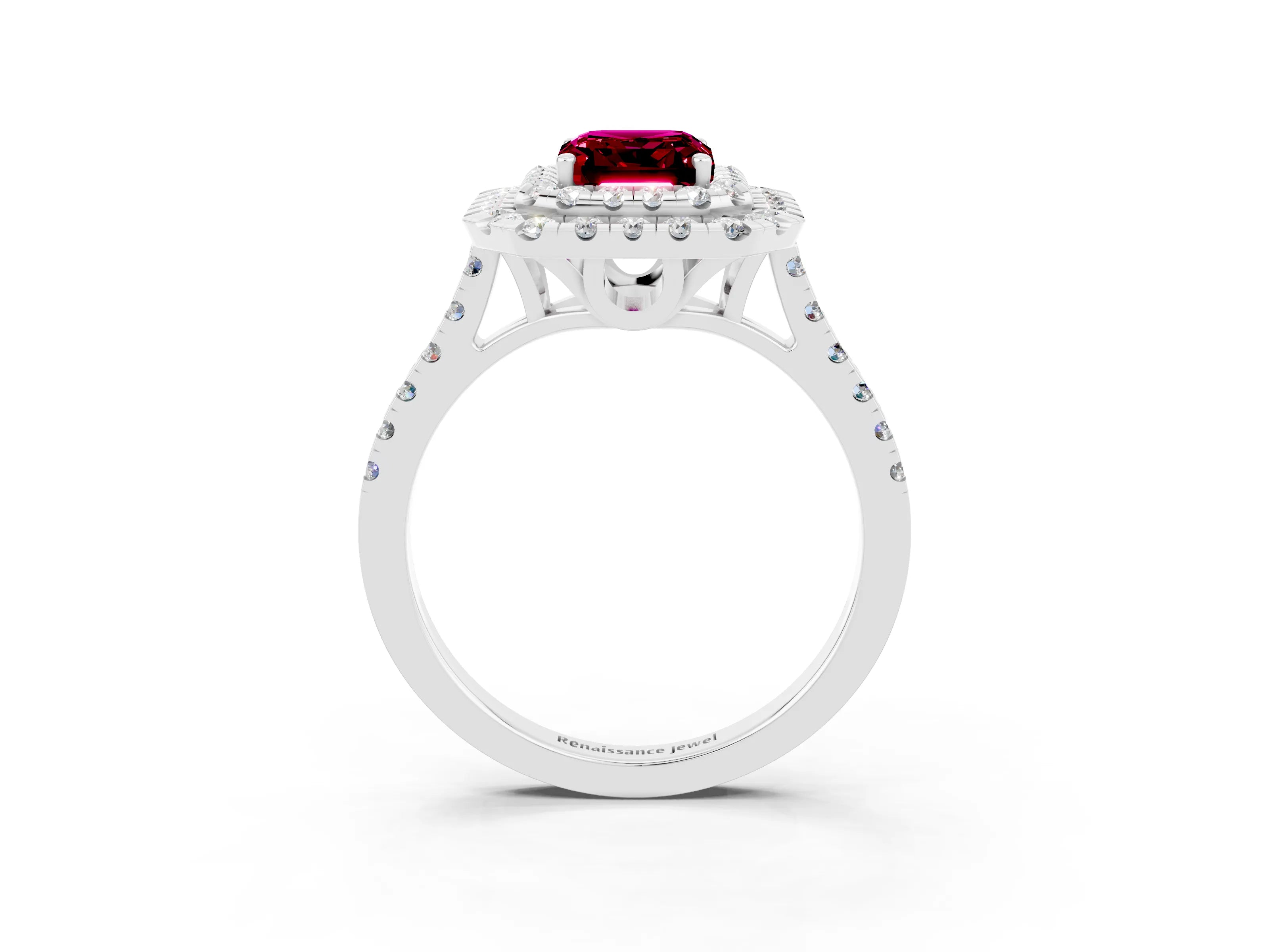 White gold Double Halo Emerald Cut Garnet Pavé Band with Four-Prong Setting_3