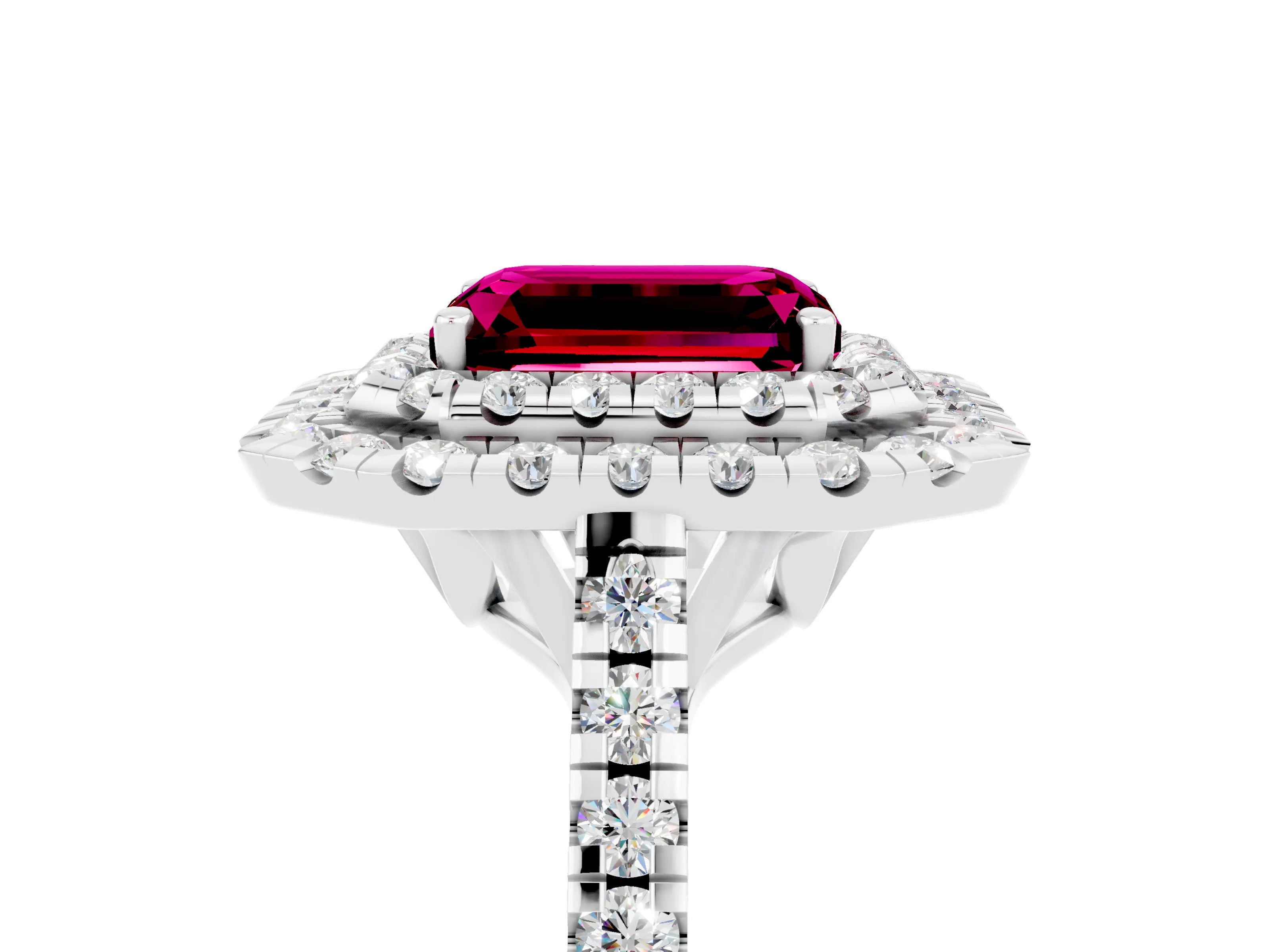 White gold Double Halo Emerald Cut Garnet Pavé Band with Four-Prong Setting_5