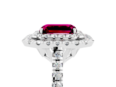White gold Double Halo Emerald Cut Garnet Pavé Band with Four-Prong Setting_5