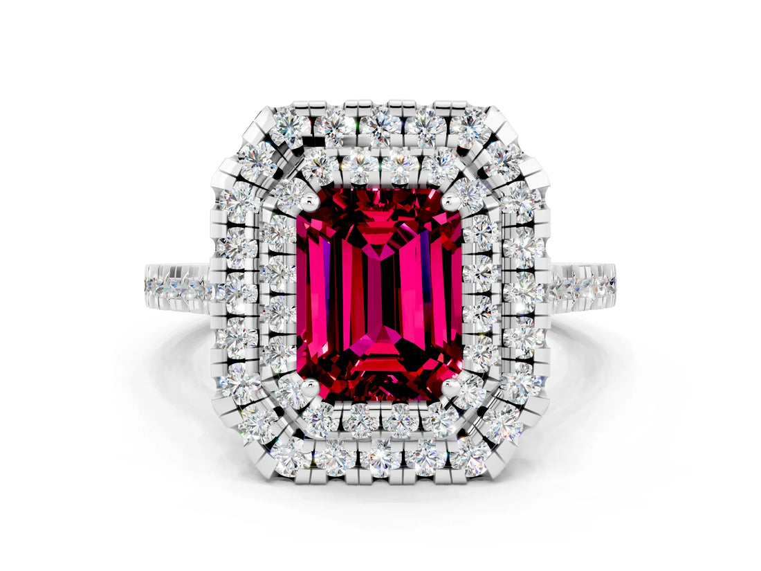 White gold Double Halo Emerald Cut Garnet Pavé Band with Four-Prong Setting