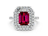 White gold Double Halo Emerald Cut Garnet Pavé Band with Four-Prong Setting