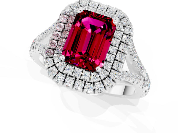 Platinum Double Halo Emerald Cut Garnet Pavé Split Shank Ring with Prong Setting