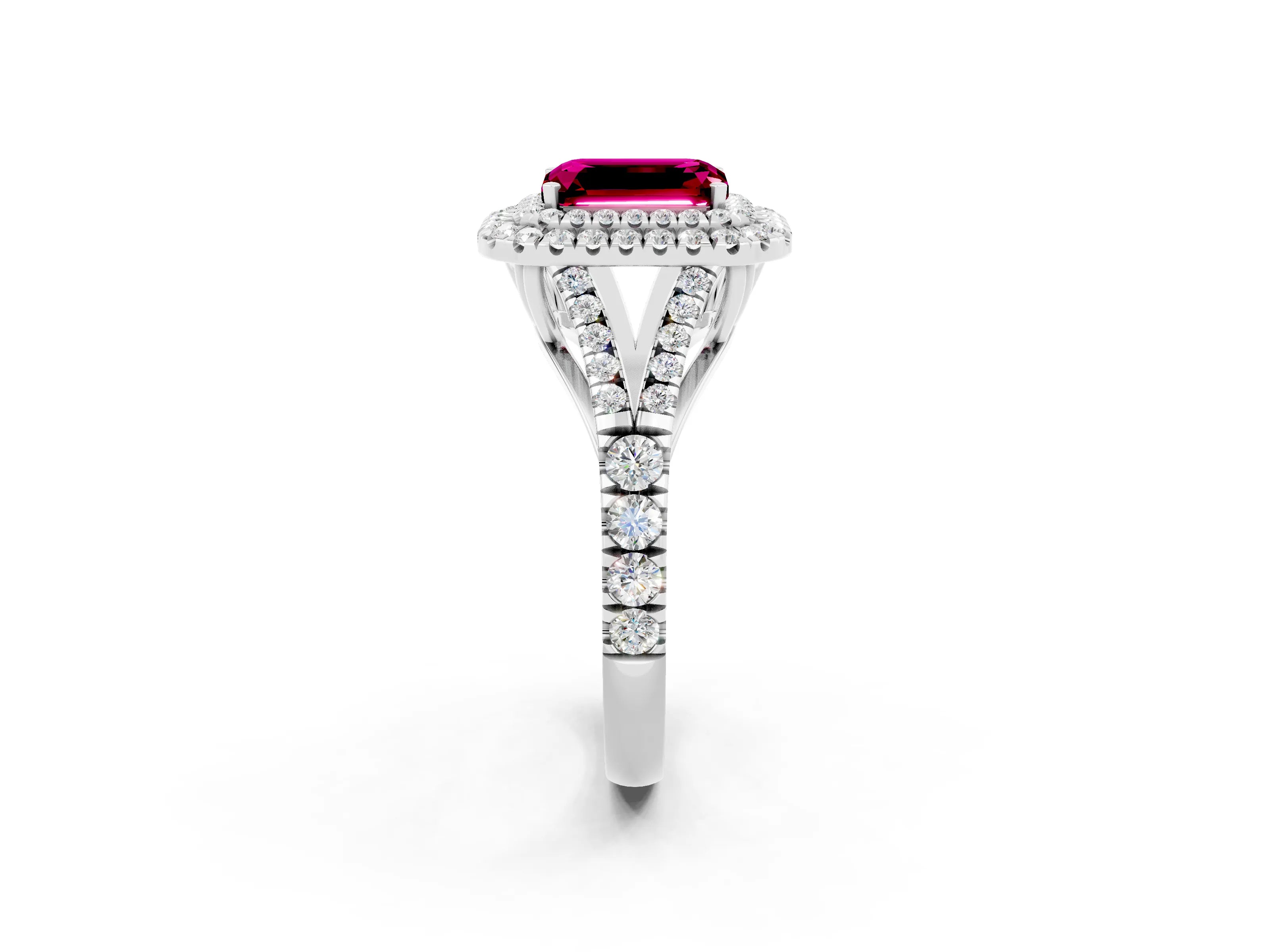 White gold Double Halo Emerald Cut Garnet Pavé Split Shank Ring with Prong Setting_2