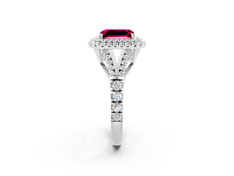 White gold Double Halo Emerald Cut Garnet Pavé Split Shank Ring with Prong Setting_2