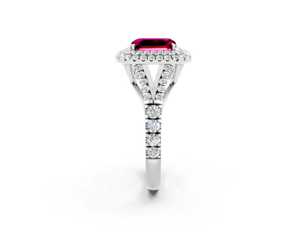 Silver Double Halo Emerald Cut Garnet Pavé Split Shank Ring with Prong Setting