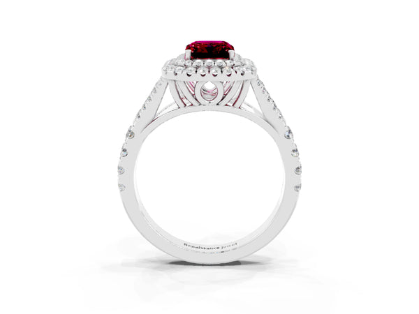 Platinum Double Halo Emerald Cut Garnet Pavé Split Shank Ring with Prong Setting