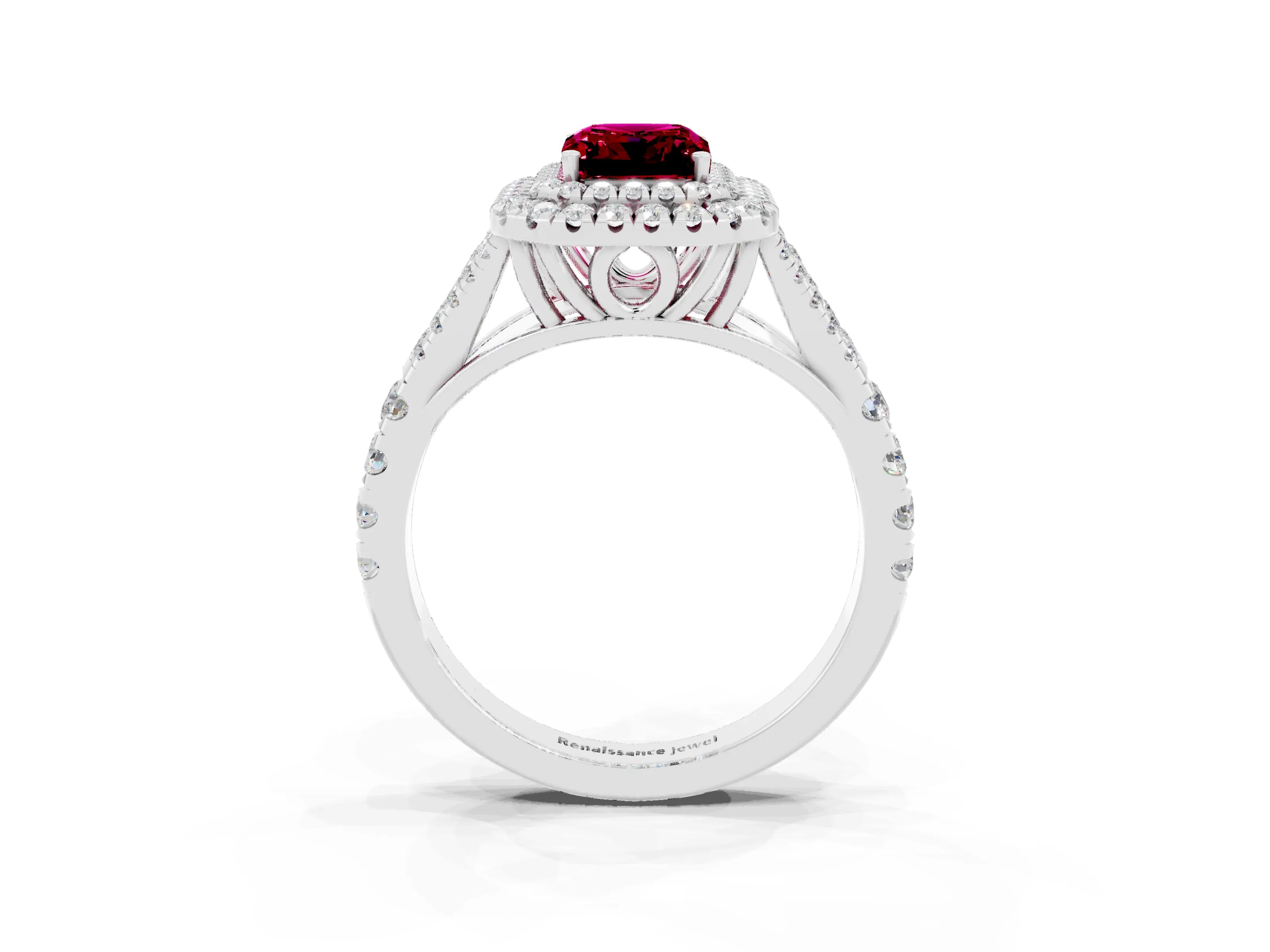 White gold Double Halo Emerald Cut Garnet Pavé Split Shank Ring with Prong Setting_3