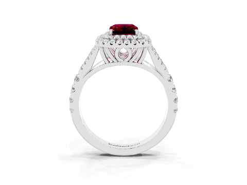 White gold Double Halo Emerald Cut Garnet Pavé Split Shank Ring with Prong Setting_3