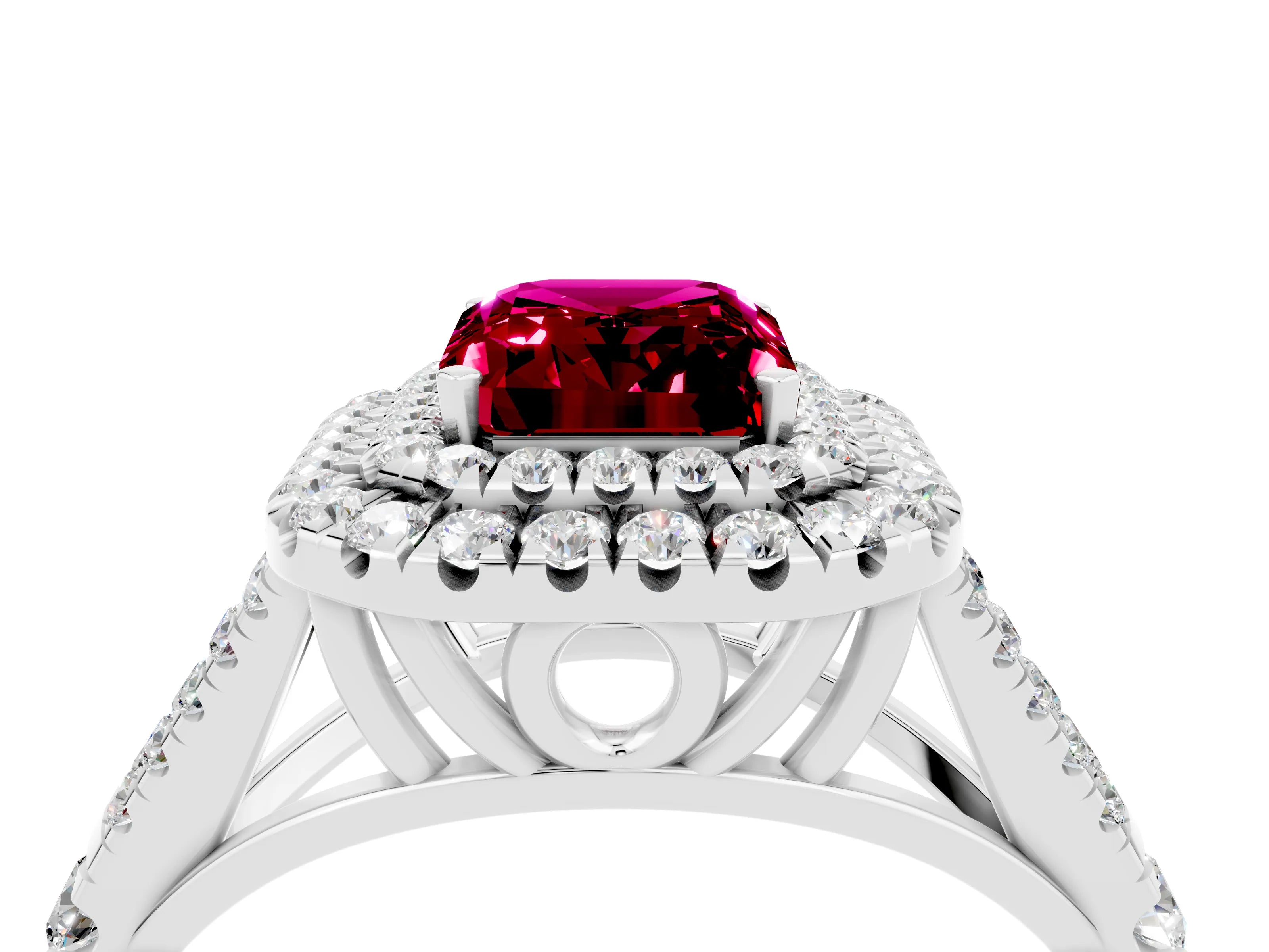 White gold Double Halo Emerald Cut Garnet Pavé Split Shank Ring with Prong Setting_4