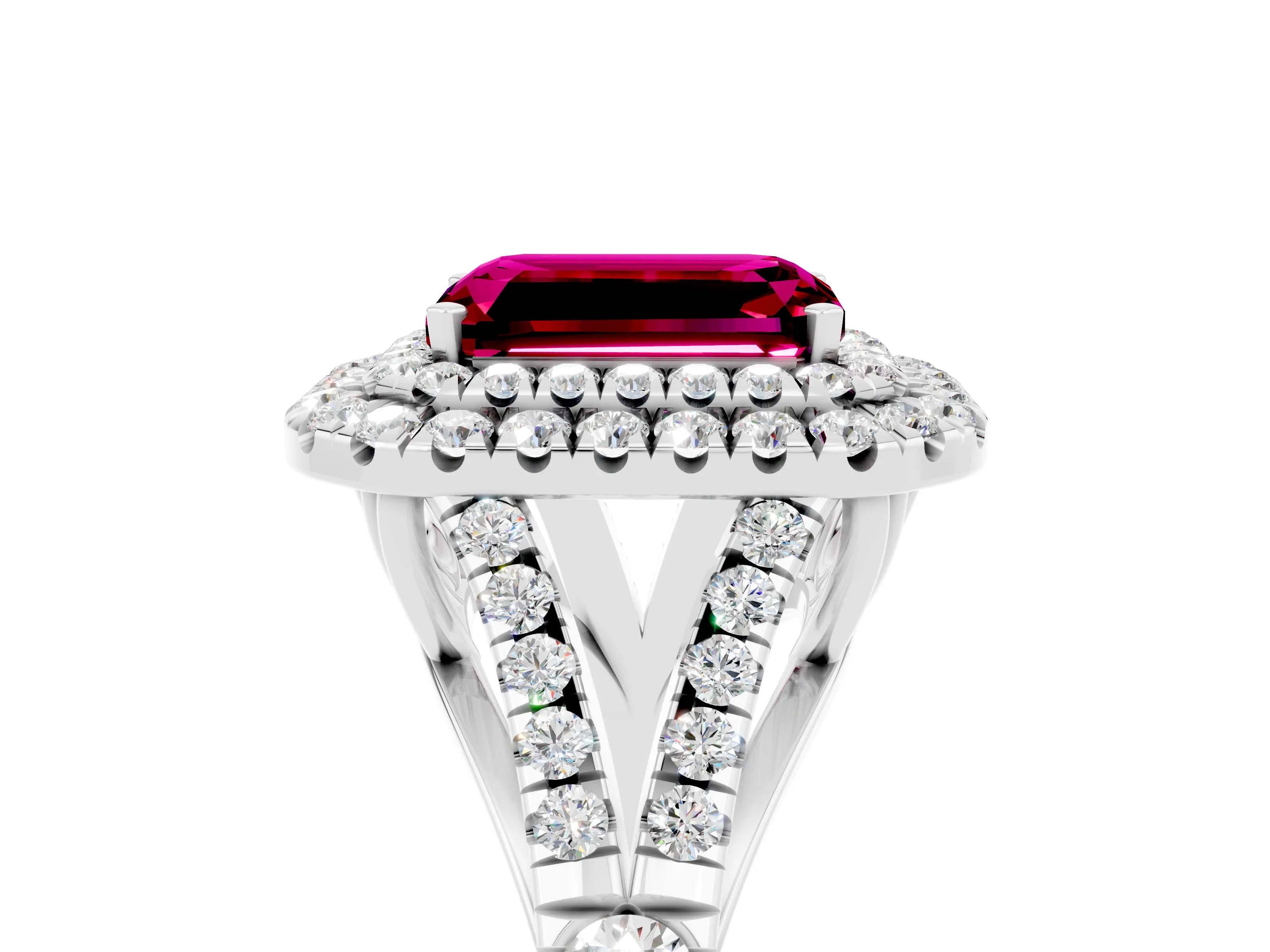 White gold Double Halo Emerald Cut Garnet Pavé Split Shank Ring with Prong Setting_5