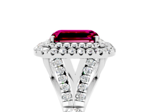 White gold Double Halo Emerald Cut Garnet Pavé Split Shank Ring with Prong Setting_5