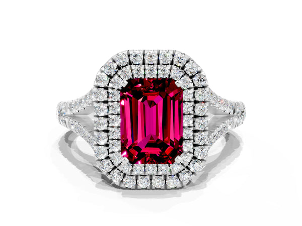 White gold Double Halo Emerald Cut Garnet Pavé Split Shank Ring with Prong Setting