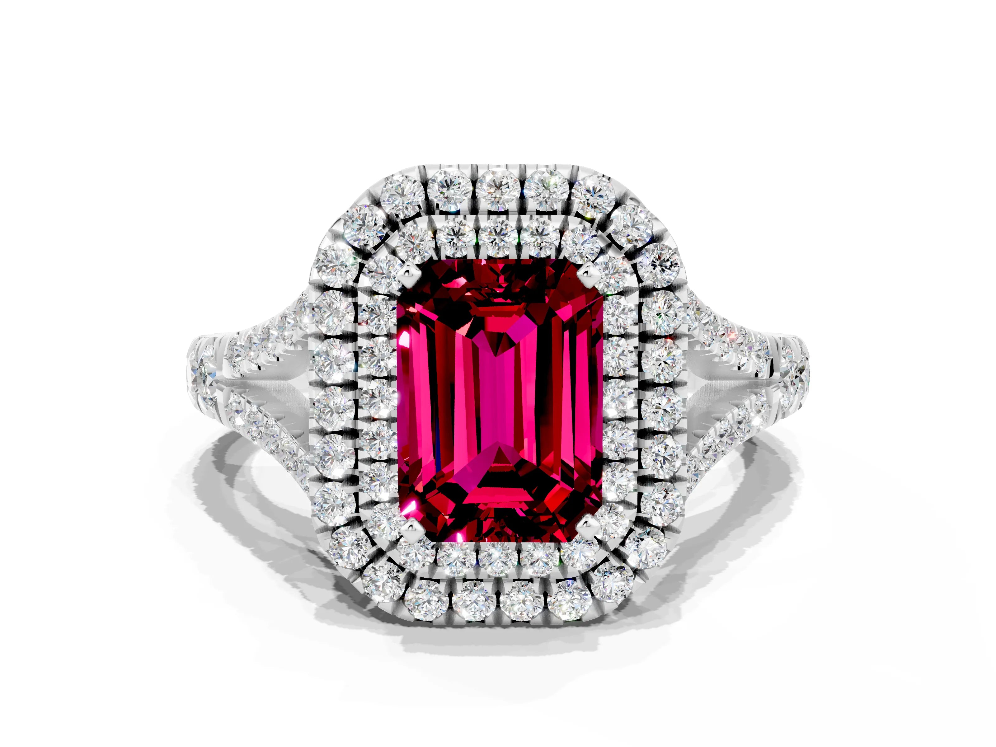 White gold Double Halo Emerald Cut Garnet Pavé Split Shank Ring with Prong Setting