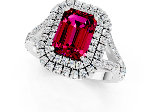 Silver Double Halo Emerald Cut Garnet Split Shank Engagement Ring with Four-Prong Setting