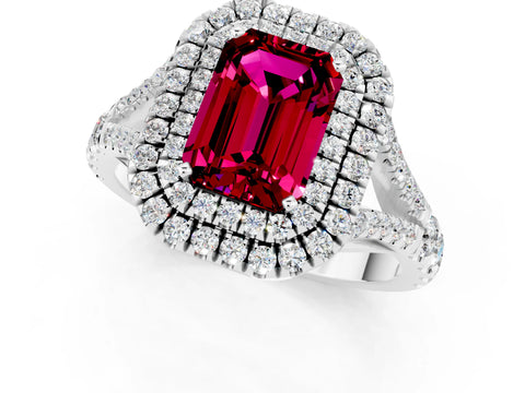 White gold Double Halo Emerald Cut Garnet Split Shank Engagement Ring with Four-Prong Setting_1
