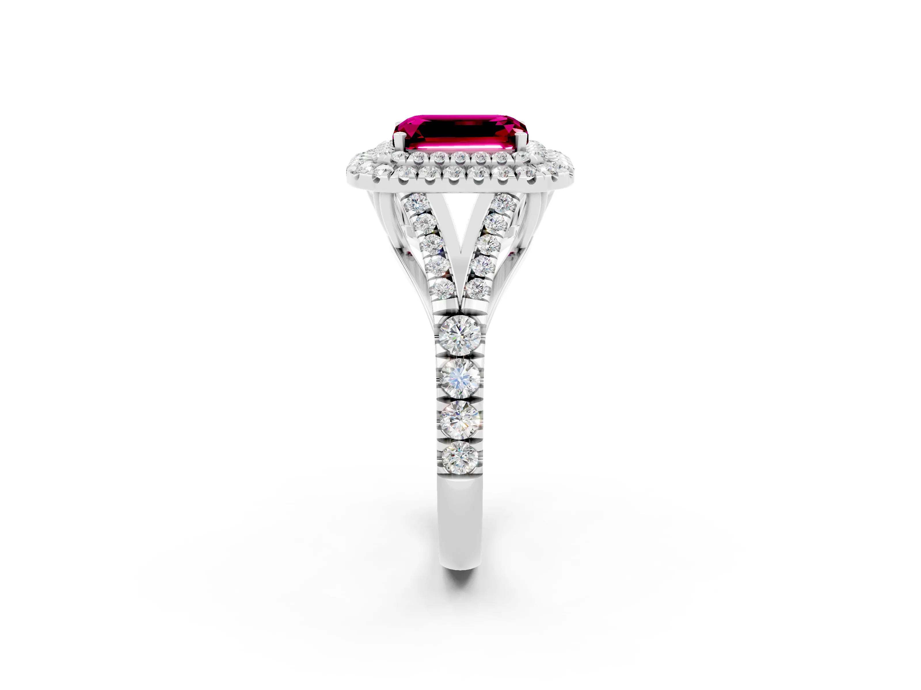White gold Double Halo Emerald Cut Garnet Split Shank Engagement Ring with Four-Prong Setting_2