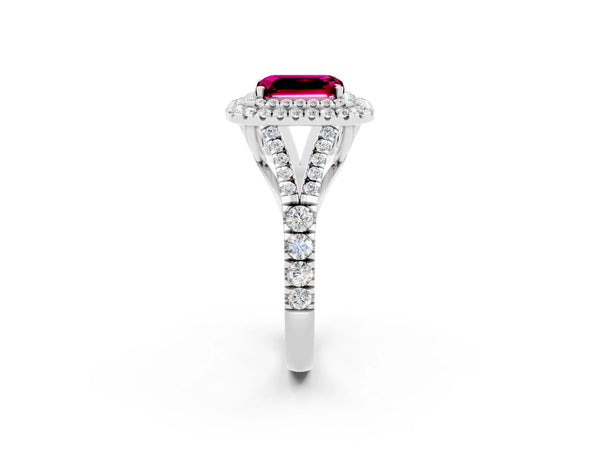 Platinum Double Halo Emerald Cut Garnet Split Shank Engagement Ring with Four-Prong Setting