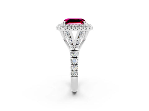 White gold Double Halo Emerald Cut Garnet Split Shank Engagement Ring with Four-Prong Setting_2