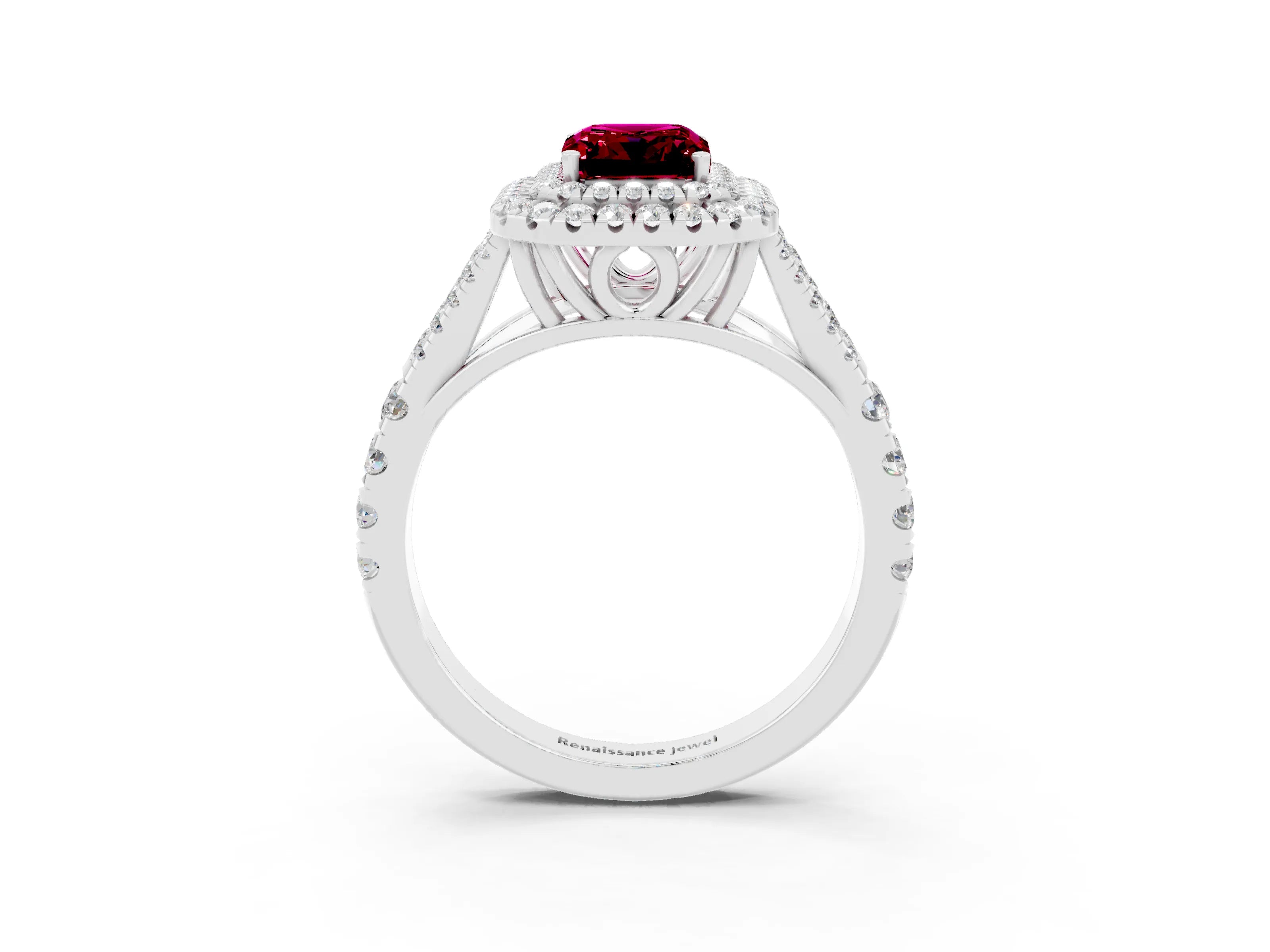 White gold Double Halo Emerald Cut Garnet Split Shank Engagement Ring with Four-Prong Setting_3