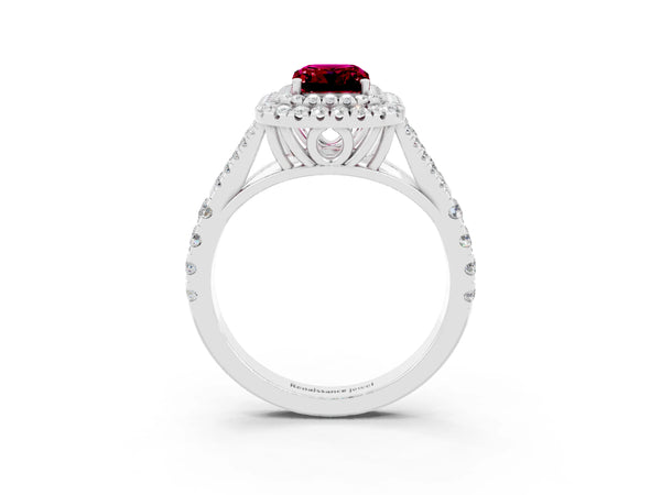 Platinum Double Halo Emerald Cut Garnet Split Shank Engagement Ring with Four-Prong Setting