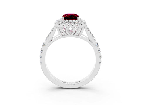 White gold Double Halo Emerald Cut Garnet Split Shank Engagement Ring with Four-Prong Setting_3