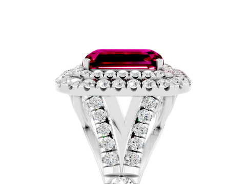 White gold Double Halo Emerald Cut Garnet Split Shank Engagement Ring with Four-Prong Setting_5