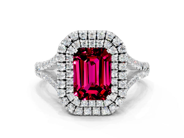 Silver Double Halo Emerald Cut Garnet Split Shank Engagement Ring with Four-Prong Setting