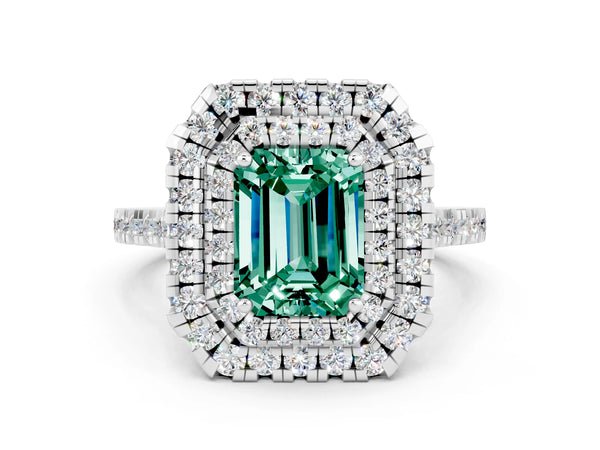 Platinum Double Halo Emerald Cut Green Sapphire Pavé Band with Four-Prong Setting