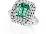 White gold Double Halo Emerald Cut Green Sapphire Pavé Band with Four-Prong Setting_1