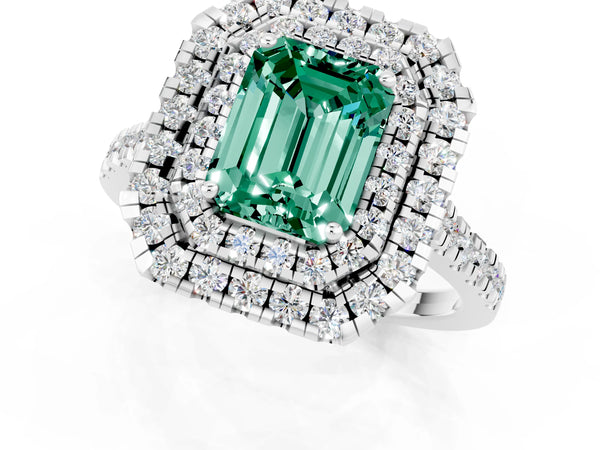 Silver Double Halo Emerald Cut Green Sapphire Pavé Band with Four-Prong Setting