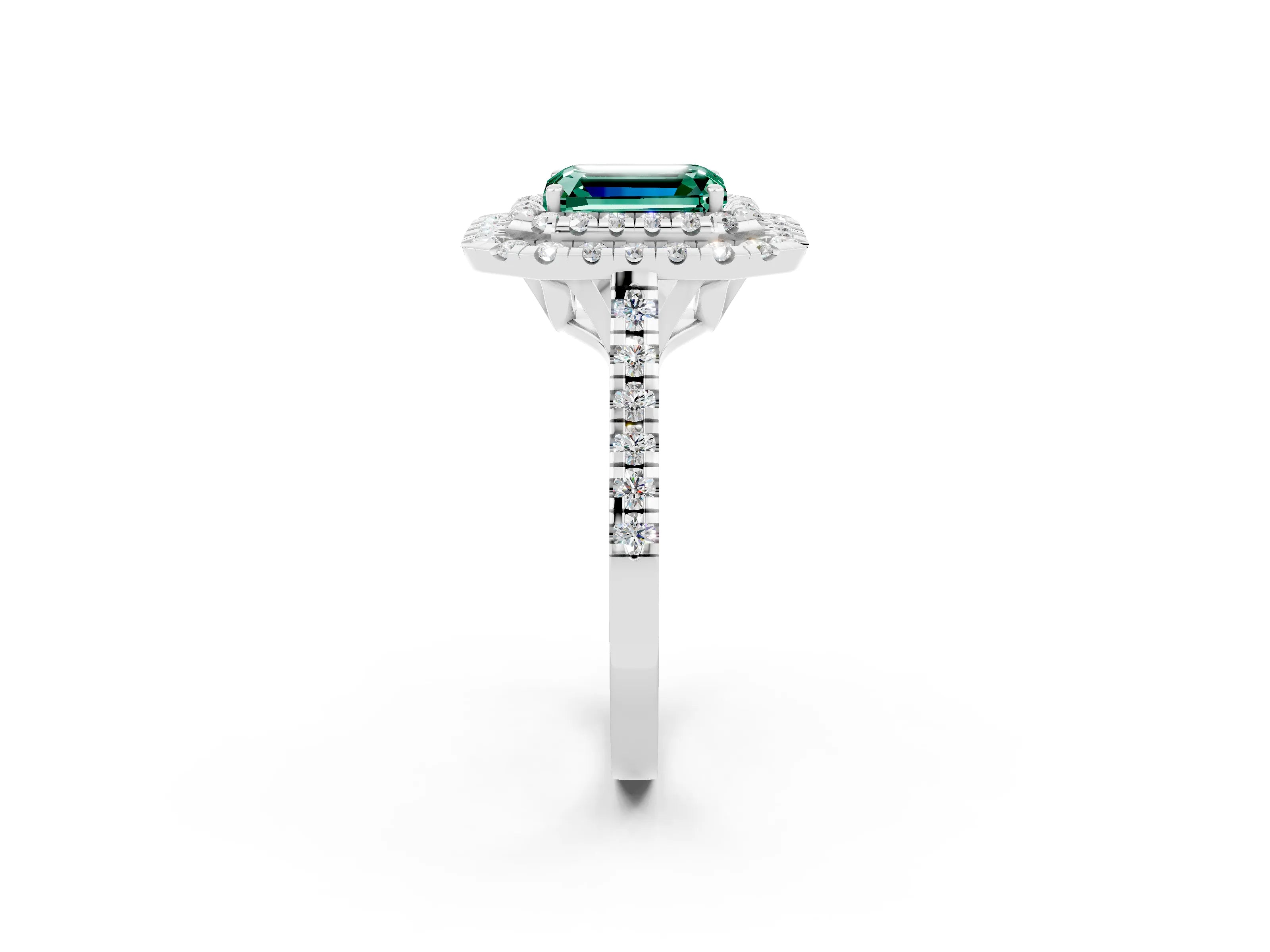 White gold Double Halo Emerald Cut Green Sapphire Pavé Band with Four-Prong Setting_2