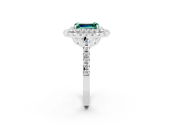 Silver Double Halo Emerald Cut Green Sapphire Pavé Band with Four-Prong Setting