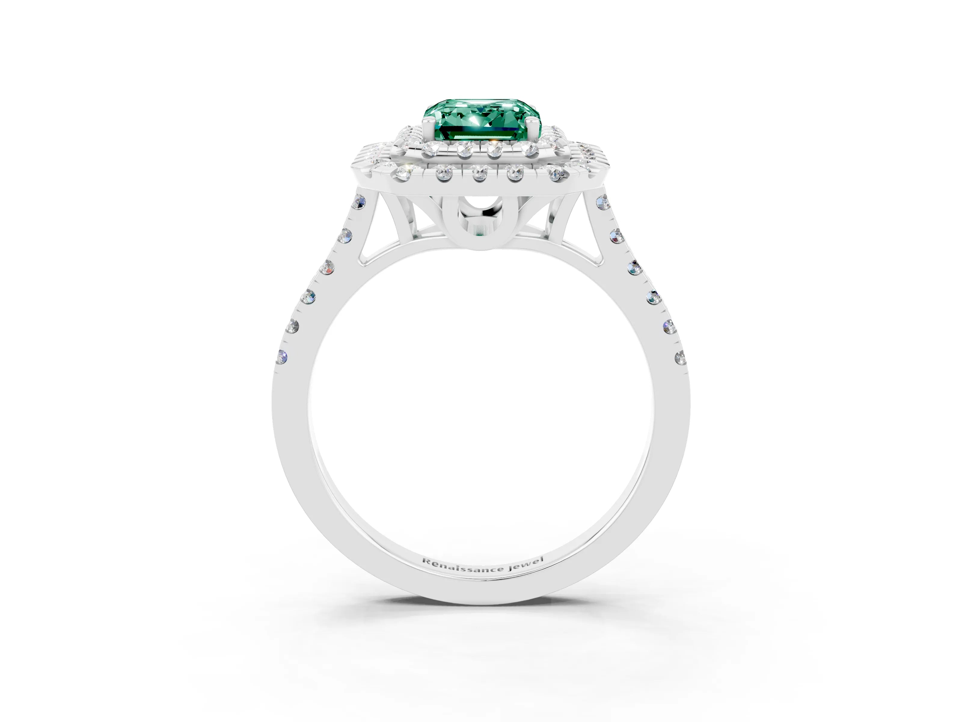 White gold Double Halo Emerald Cut Green Sapphire Pavé Band with Four-Prong Setting_3
