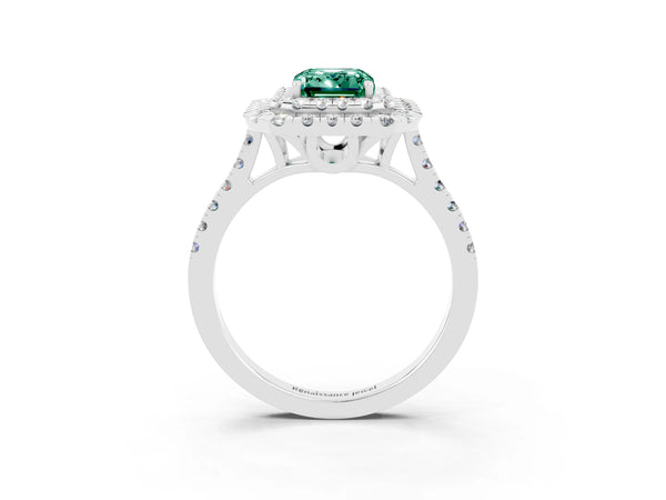 Silver Double Halo Emerald Cut Green Sapphire Pavé Band with Four-Prong Setting