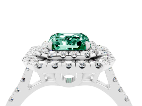 White gold Double Halo Emerald Cut Green Sapphire Pavé Band with Four-Prong Setting_4