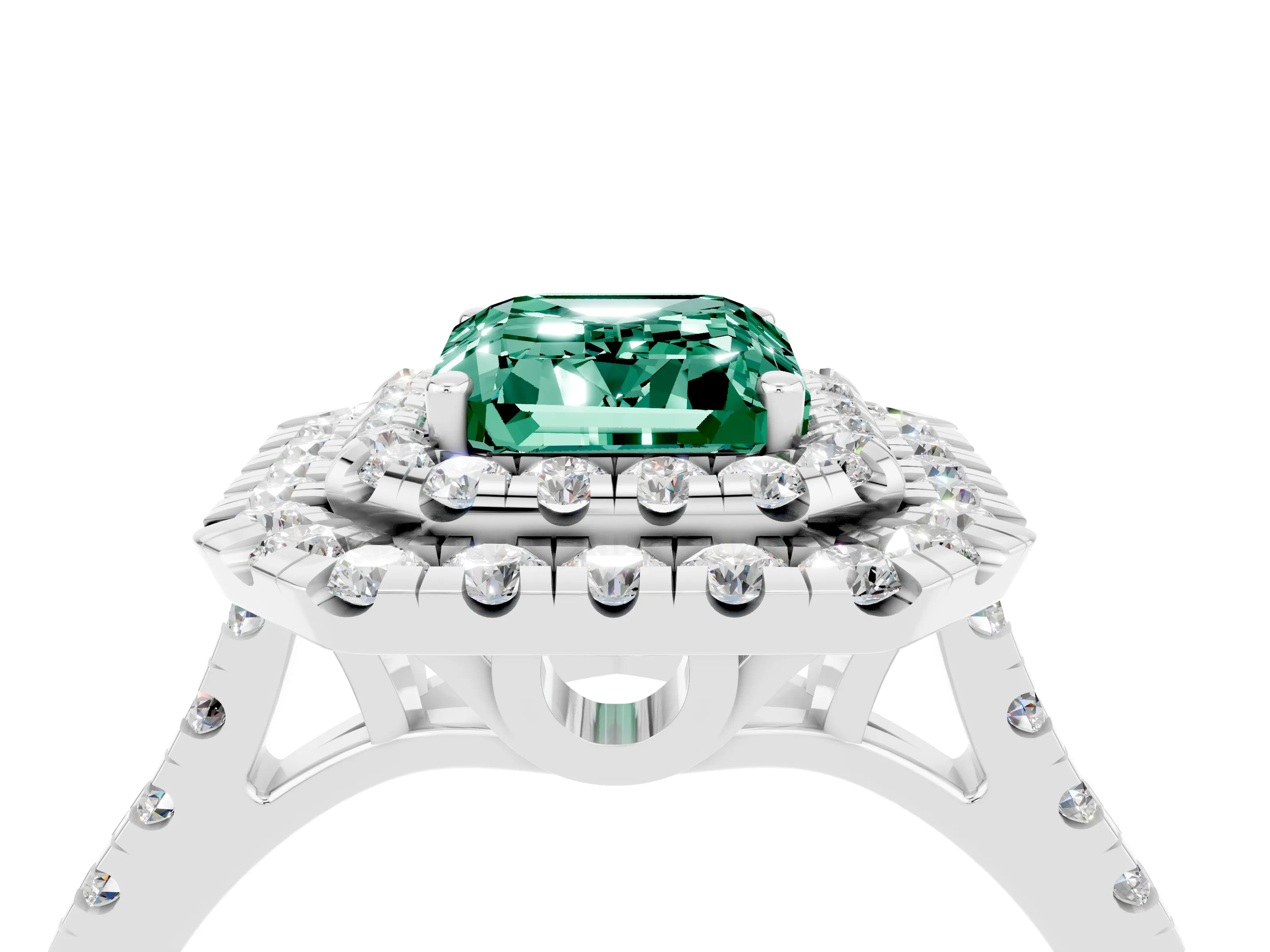White gold Double Halo Emerald Cut Green Sapphire Pavé Band with Four-Prong Setting_4
