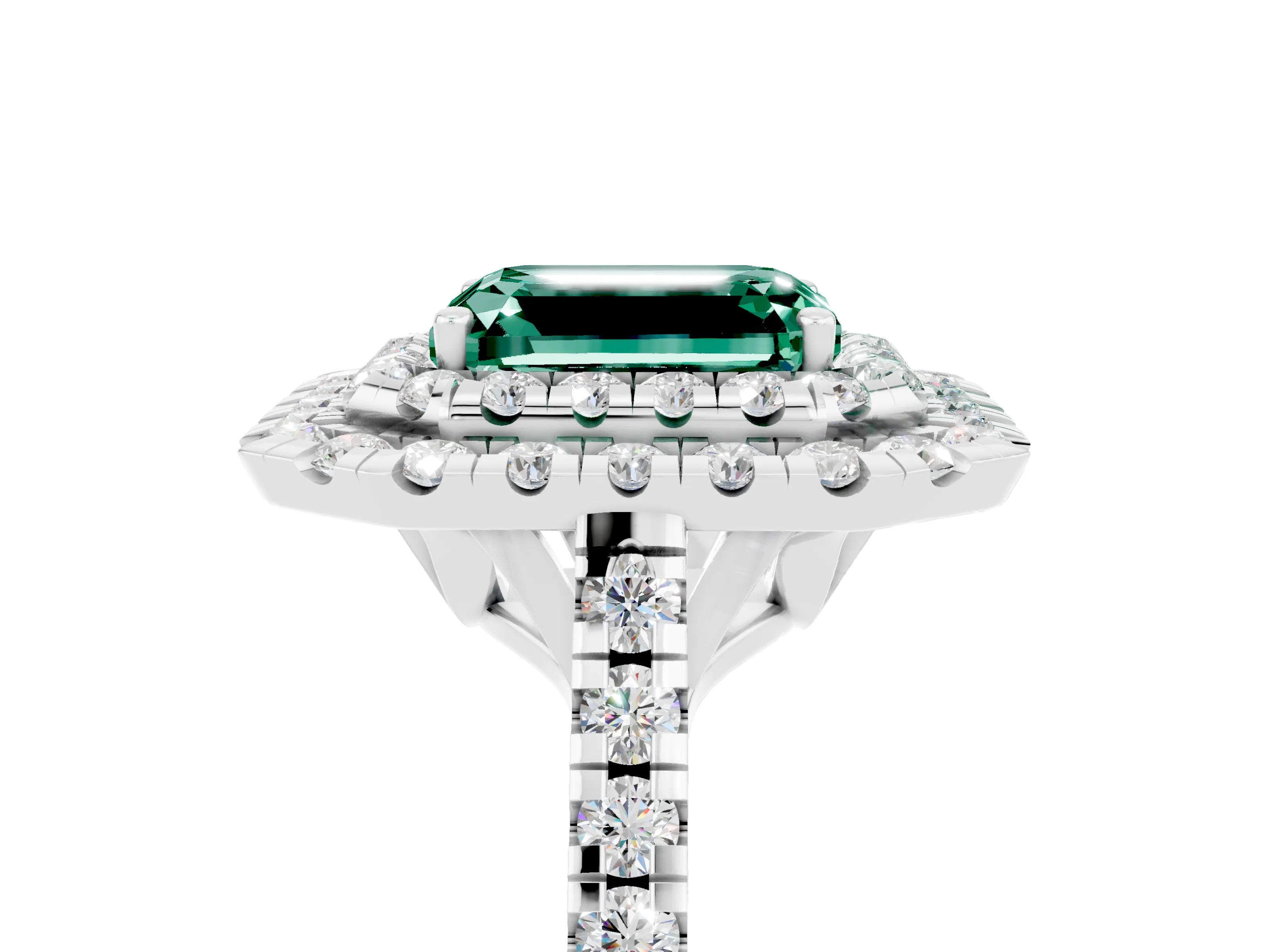 White gold Double Halo Emerald Cut Green Sapphire Pavé Band with Four-Prong Setting_5