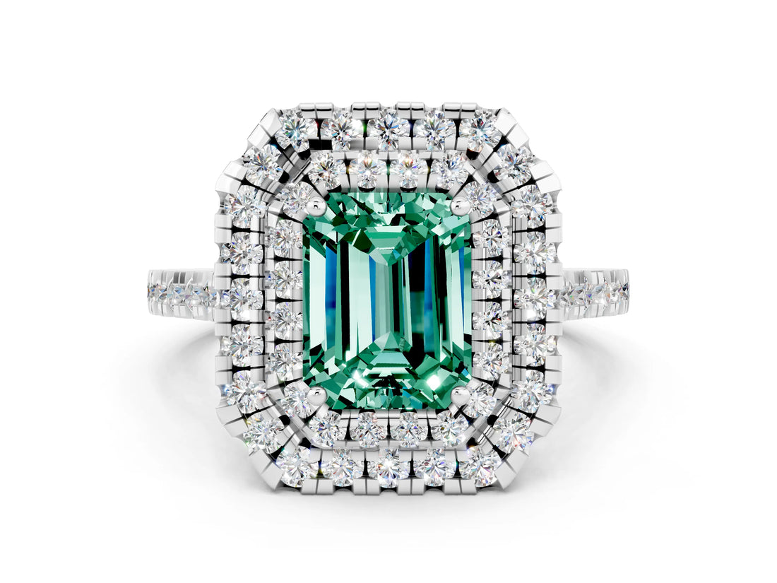 White gold Double Halo Emerald Cut Green Sapphire Pavé Band with Four-Prong Setting