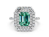 White gold Double Halo Emerald Cut Green Sapphire Pavé Band with Four-Prong Setting