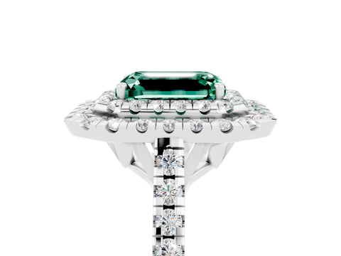 White gold Double Halo Emerald Cut Green Sapphire Pavé Band with Four-Prong Setting_5