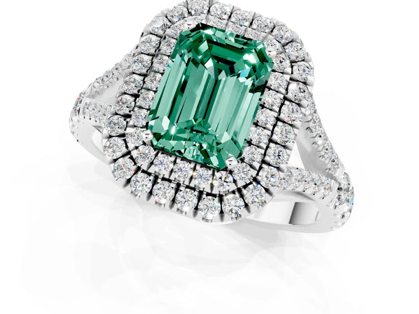 Platinum Double Halo Emerald Cut Green Sapphire Pavé Split Shank Ring with Prong Setting