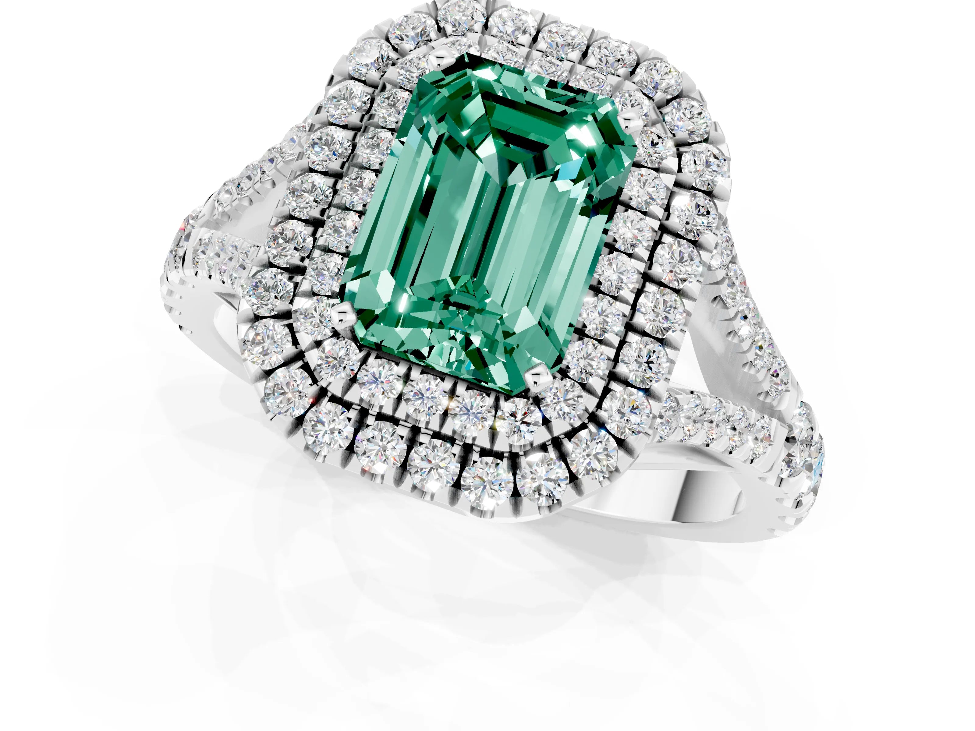White gold Double Halo Emerald Cut Green Sapphire Pavé Split Shank Ring with Prong Setting_1